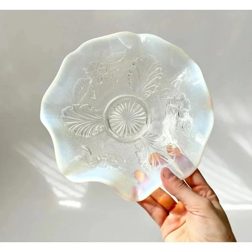 Vintage 1905 EAPG "Blossoms Palms" White Opalescent Glass Floral Bowl - 8"